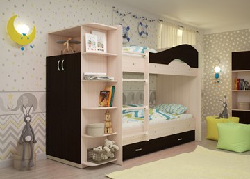 Двухъярусная детская кровать Мая на щитах со шкафом и ящиками, корпус Млечный дуб, фасад Венге в Мурманске