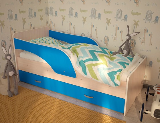Кровать с бортиками Максимка, корпус Млечный дуб, фасад Синий в Мурманске - изображение
