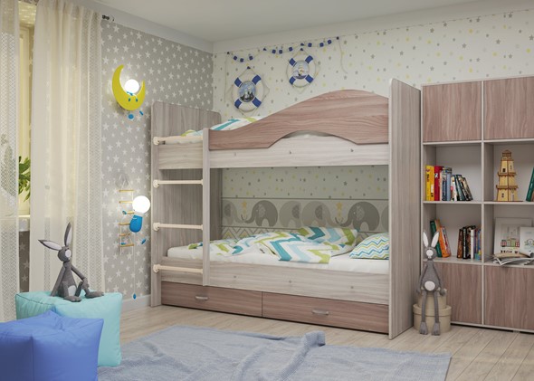 Детская 2-х ярусная кровать Мая с 2 ящиками на щитах, корпус Шимо светлый, фасад Шимо темный в Мурманске - изображение