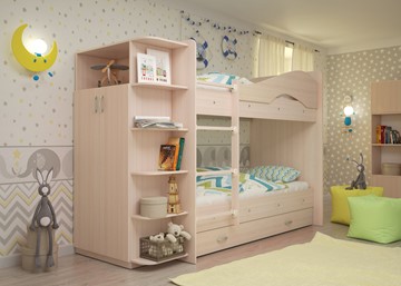 Двухэтажная детская кровать Мая на щитах со шкафом и ящиками, цвет Млечный дуб в Мурманске