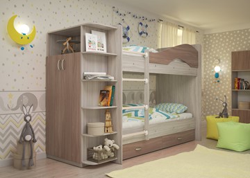 Двухэтажная кровать Мая на щитах со шкафом и ящиками, корпус Шимо светлый, фасад Шимо темный в Мурманске - предосмотр