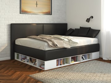 Кровать подростковая Lancaster 1, 140х200, ЛДСП белая, экокожа черная в Мурманске
