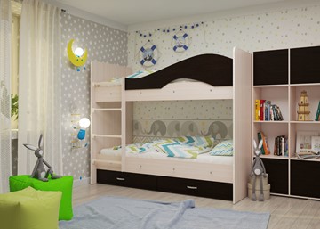 Детская  двухъярусная кровать Мая с 2 ящиками на щитах, корпус Млечный дуб, фасад Венге в Мурманске - предосмотр 1