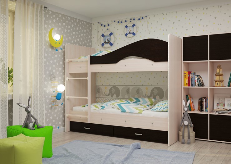 Детская  двухъярусная кровать Мая с 2 ящиками на щитах, корпус Млечный дуб, фасад Венге в Мурманске - изображение 1