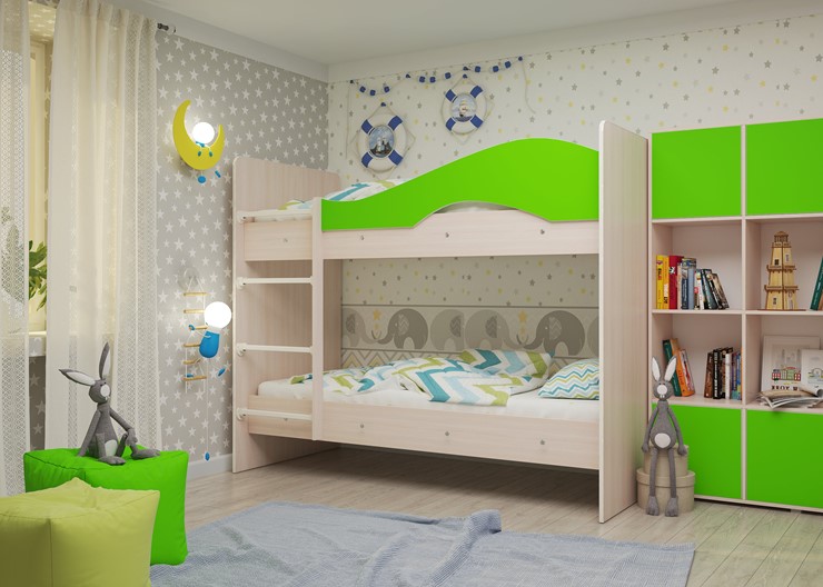 Детская двухъярусная кровать Мая на щитах, корпус Млечный дуб, фасад Салатовый в Мурманске - изображение 1