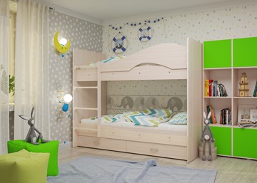 Двухэтажная детская кровать Мая на щитах со шкафом и ящиками, цвет Млечный дуб в Мурманске - предосмотр 1