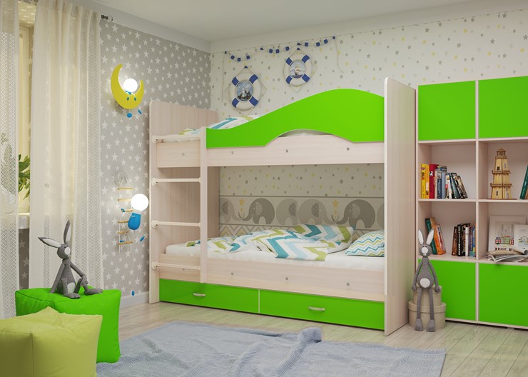 Детская двухэтажная кровать Мая на щитах со шкафом и ящиками, корпус Млечный дуб, фасад Салатовый в Мурманске - изображение 1