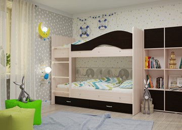 Двухъярусная детская кровать Мая на щитах со шкафом и ящиками, корпус Млечный дуб, фасад Венге в Мурманске - предосмотр 1