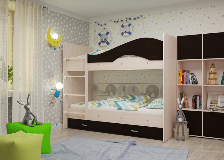 Двухъярусная детская кровать Мая на щитах со шкафом и ящиками, корпус Млечный дуб, фасад Венге в Мурманске - изображение 1