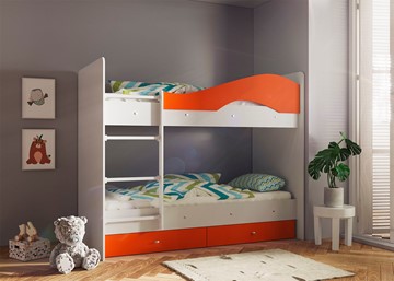Двухъярусная кровать Мая с 2 ящиками на щитах, корпус Млечный дуб, фасад Оранжевый в Мурманске - предосмотр