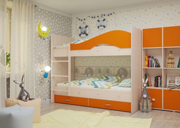 Двухъярусная кровать Мая с 2 ящиками на щитах, корпус Млечный дуб, фасад Оранжевый в Мурманске - предосмотр 3