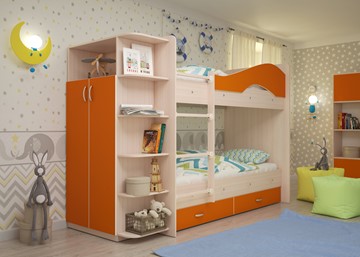 Двухъярусная кровать Мая с 2 ящиками на щитах, корпус Млечный дуб, фасад Оранжевый в Мурманске - предосмотр 1