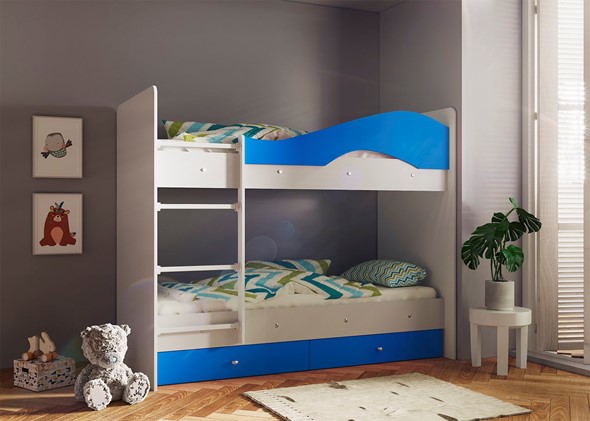 Кровать 2-ярусная Мая с 2 ящиками на щитах, корпус Млечный дуб, фасад Синий в Мурманске - изображение