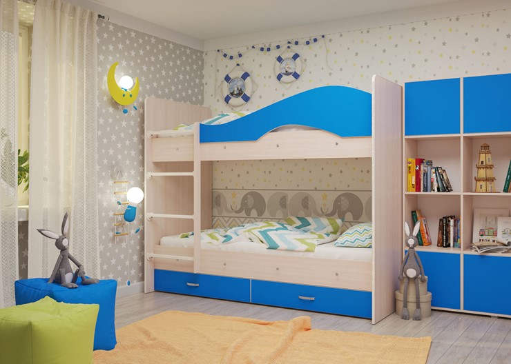 Кровать 2-ярусная Мая с 2 ящиками на щитах, корпус Млечный дуб, фасад Синий в Мурманске - изображение 3