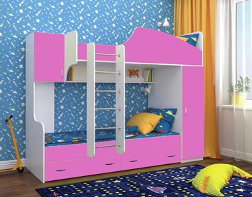 Детская кровать-шкаф Юниор-2, каркас Белое дерево, фасад Розовый в Мурманске