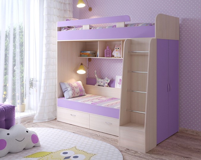 Двухэтажная детская кровать Юниор-6, каркас Дуб молочный, фасад Ирис в Мурманске - изображение 1