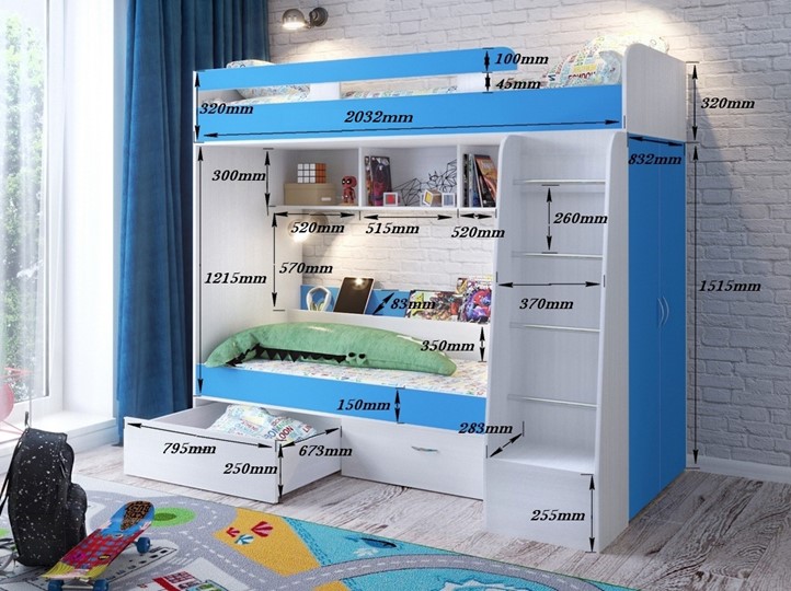 Двухэтажная детская кровать Юниор-6, каркас Дуб молочный, фасад Ирис в Мурманске - изображение 2