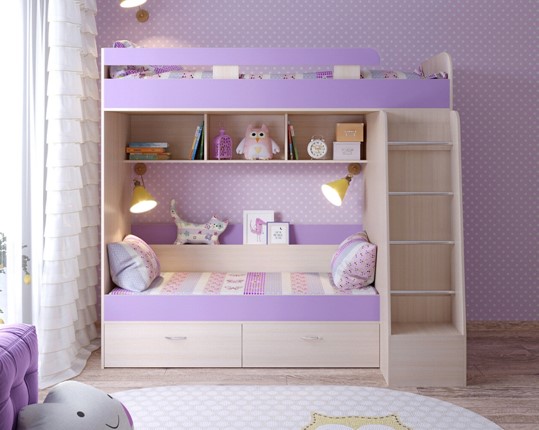 Двухэтажная детская кровать Юниор-6, каркас Дуб молочный, фасад Ирис в Мурманске - изображение