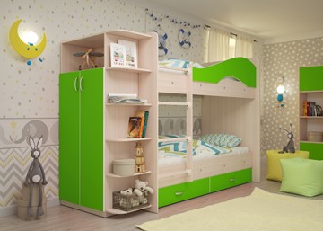 Детская двухэтажная кровать Мая на щитах со шкафом и ящиками, корпус Млечный дуб, фасад Салатовый в Мурманске