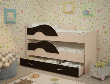 Детская 2-этажная кровать Радуга 1.6 с ящиком, корпус Млечный дуб, фасад Венге в Мурманске