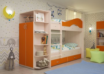 Детская 2-ярусная кровать Мая на щитах со шкафом и ящиками, корпус Млечный дуб, фасад Оранжевый в Мурманске - предосмотр