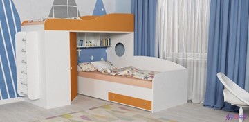 Детская кровать-шкаф Кадет-2 с металлической лестницей, корпус Белое дерево, фасад Оранжевый в Мурманске