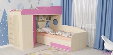 Детская кровать-шкаф Кадет-2 с металлической лестницей, корпус Дуб, фасад Розовый в Мурманске