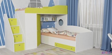 Детская кровать-шкаф Кадет-2 с универсальной лестницей, корпус Белое дерево, фасад Лайм в Мурманске