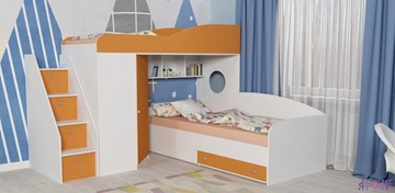 Детская кровать-шкаф Кадет-2 с универсальной лестницей, корпус Белое дерево, фасад Оранжевый в Мурманске