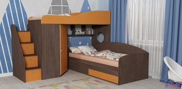 Детская кровать-шкаф Кадет-2 с универсальной лестницей, корпус Ясень анкор темный, фасад Оранжевый в Мурманске