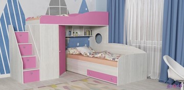 Детская кровать-шкаф Кадет-2 с универсальной лестницей, корпус Винтерберг, фасад Розовый в Мурманске