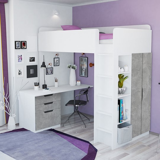 Кровать 2-х ярусная с письменным столом и шкафом POLINI Kids Simple Белый / Бетон в Мурманске - изображение 1