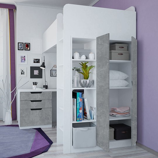 Кровать 2-х ярусная с письменным столом и шкафом POLINI Kids Simple Белый / Бетон в Мурманске - изображение 2