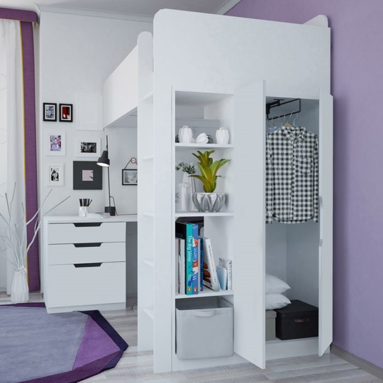 Кровать 2-х ярусная с письменным столом и шкафом POLINI Kids Simple Белый в Мурманске - изображение 3