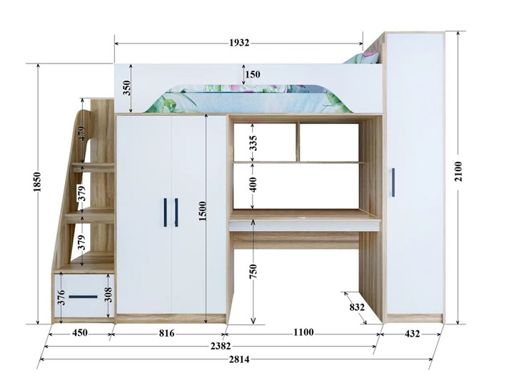 Кровать-чердак с шкафом Тея, каркас Ясень, фасад Белый в Мурманске - изображение 2