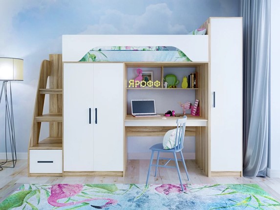 Кровать-чердак с шкафом Тея, каркас Ясень, фасад Белый в Мурманске - изображение