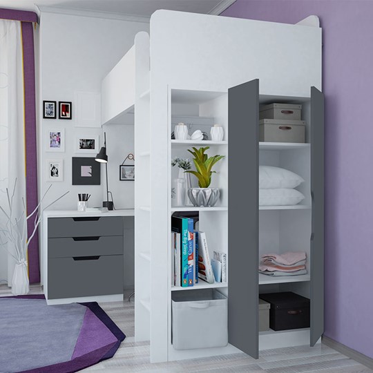 Детская кровать с письменным столом и шкафом POLINI Kids Simple Белый / Серый в Мурманске - изображение 1