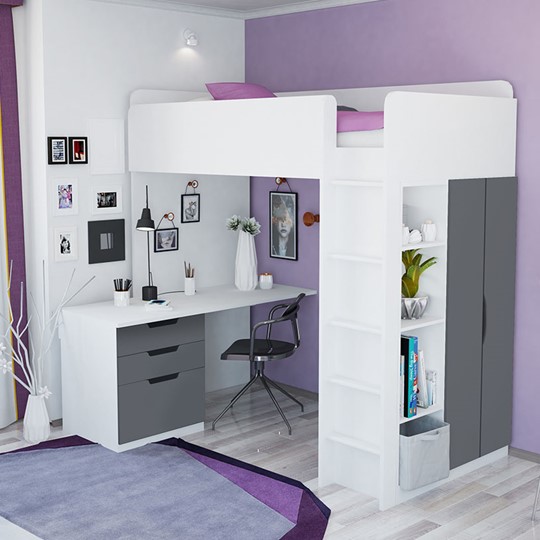 Детская кровать с письменным столом и шкафом POLINI Kids Simple Белый / Серый в Мурманске - изображение 3