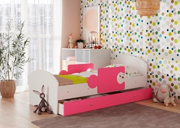 Детская кровать с ящиком и бортиками Мозайка, корпус Белый/фасад Розовый (ламели) в Мурманске