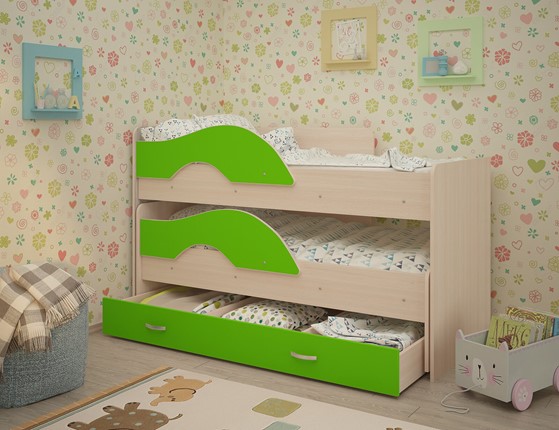 Детская двухэтажная кровать Радуга 1.6 с ящиком, корпус Млечный дуб, фасад Салатовый в Мурманске - изображение
