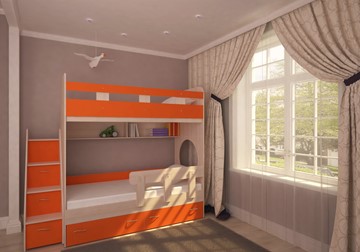 Двухъярусная кровать Юниор-1 с бортом, каркас Дуб, фасад Оранжевый в Мурманске - предосмотр