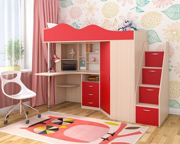Детская кровать-шкаф Пионер-1, каркас Дуб, фасад Красный в Мурманске