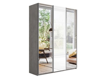 Шкаф 3-дверный Широкий Прайм (2 Зеркала / Стекло белое) 2400x570x2300, Бетон в Мурманске