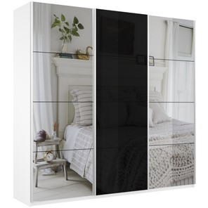 Шкаф 3-х дверный Широкий Прайм (2 Зеркала / Стекло черное) 2400x570x2300, Белый Снег в Мурманске
