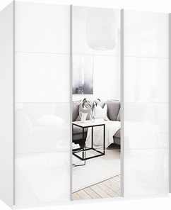 Шкаф 3-х створчатый Прайм (Белое стекло/Зеркало/Белое стекло) 1800x570x2300, белый снег в Мурманске