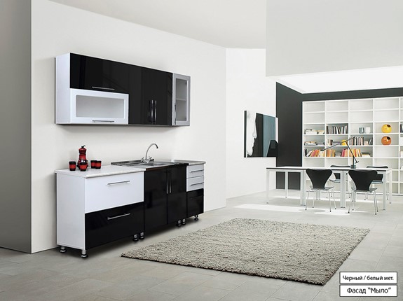 Кухонный гарнитур Мыло 224 2000х718, цвет Черный/Белый металлик в Мурманске - изображение