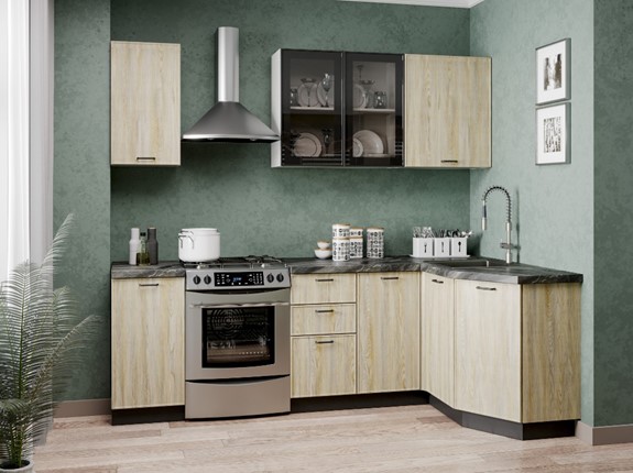 Модульный кухонный гарнитур угловой 2400 Индиго, Белый/Дуб мадейра топаз в Мурманске - изображение
