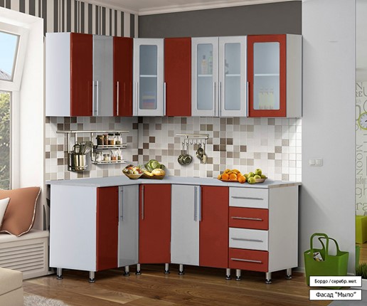Угловой кухонный гарнитур Мыло 224 1800х1400, цвет Бордо/Серебристый металлик в Мурманске - изображение
