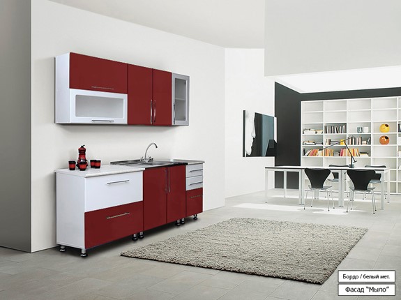 Гарнитур на кухню Мыло 224 2000х718, цвет Бордо/Белый металлик в Мурманске - изображение