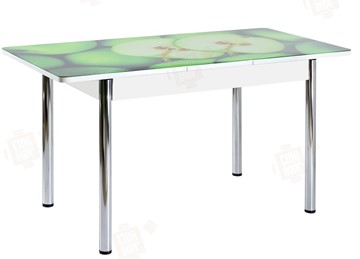 Кухонный стол раскладной Айсберг-02 СТФ, белое лдсп/зеленые яблоки/ноги хром прямые в Мурманске - предосмотр